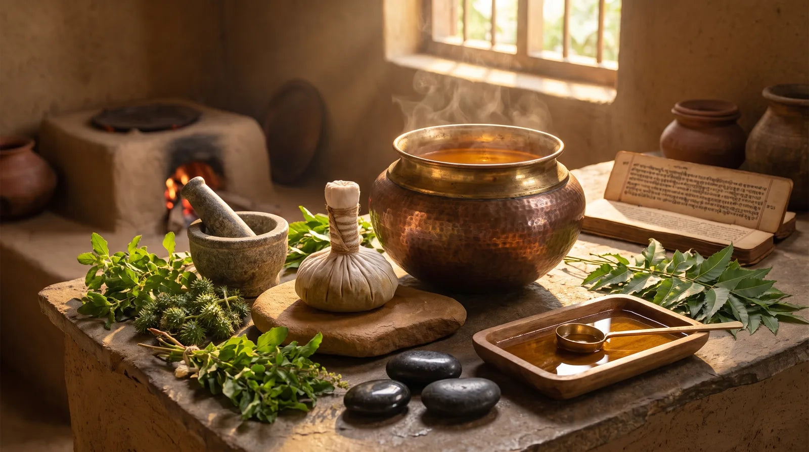 Ayurvedic Swedana fomentation scene: steaming copper pot, herbal bolus, heated stones and warm oil in a heritage apothecary