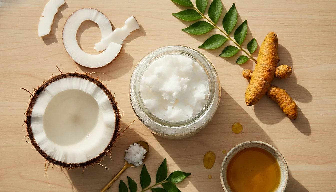Cold pressed coconut oil with fresh coconut and Ayurvedic ingredients