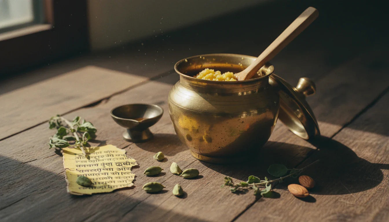 Cow ghee in traditional brass jar with Bhavaprakasha manuscript pages — Ayurveda's healing fat