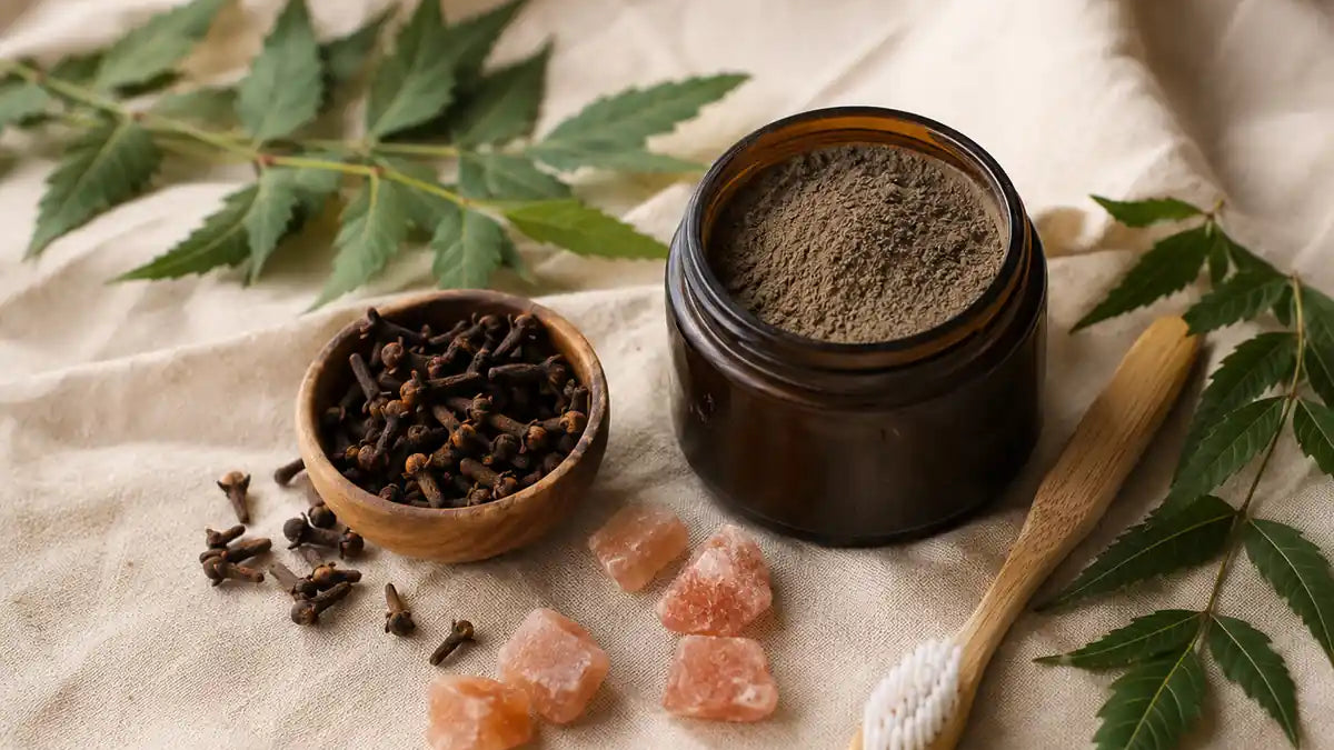 Ayurvedic dant manjan herbal tooth powder in an open jar with a bamboo toothbrush and scattered neem leaves, clove buds and rock salt on beige cloth