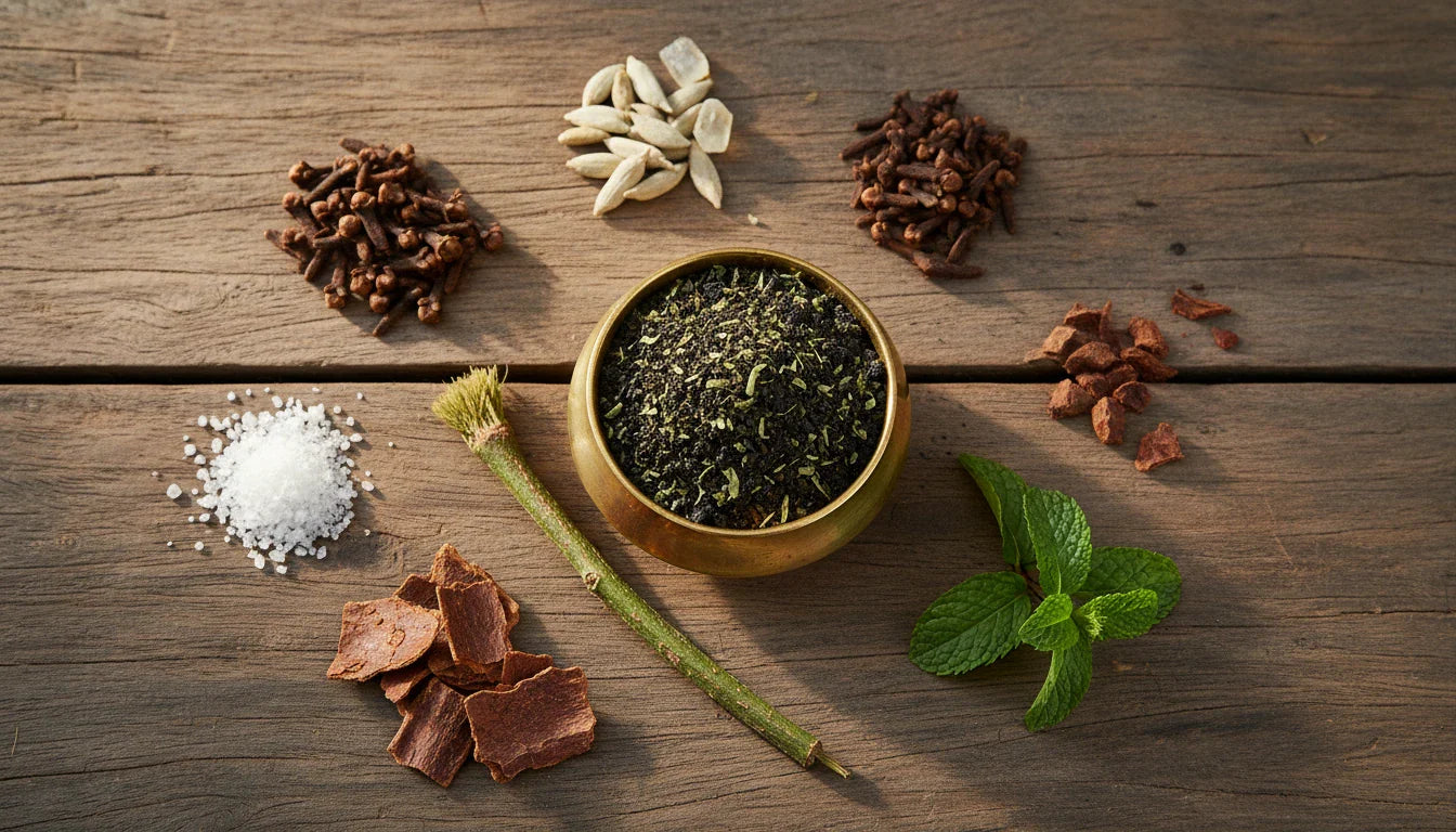 Ayurvedic Dantmanjan herbal tooth powder with traditional ingredients