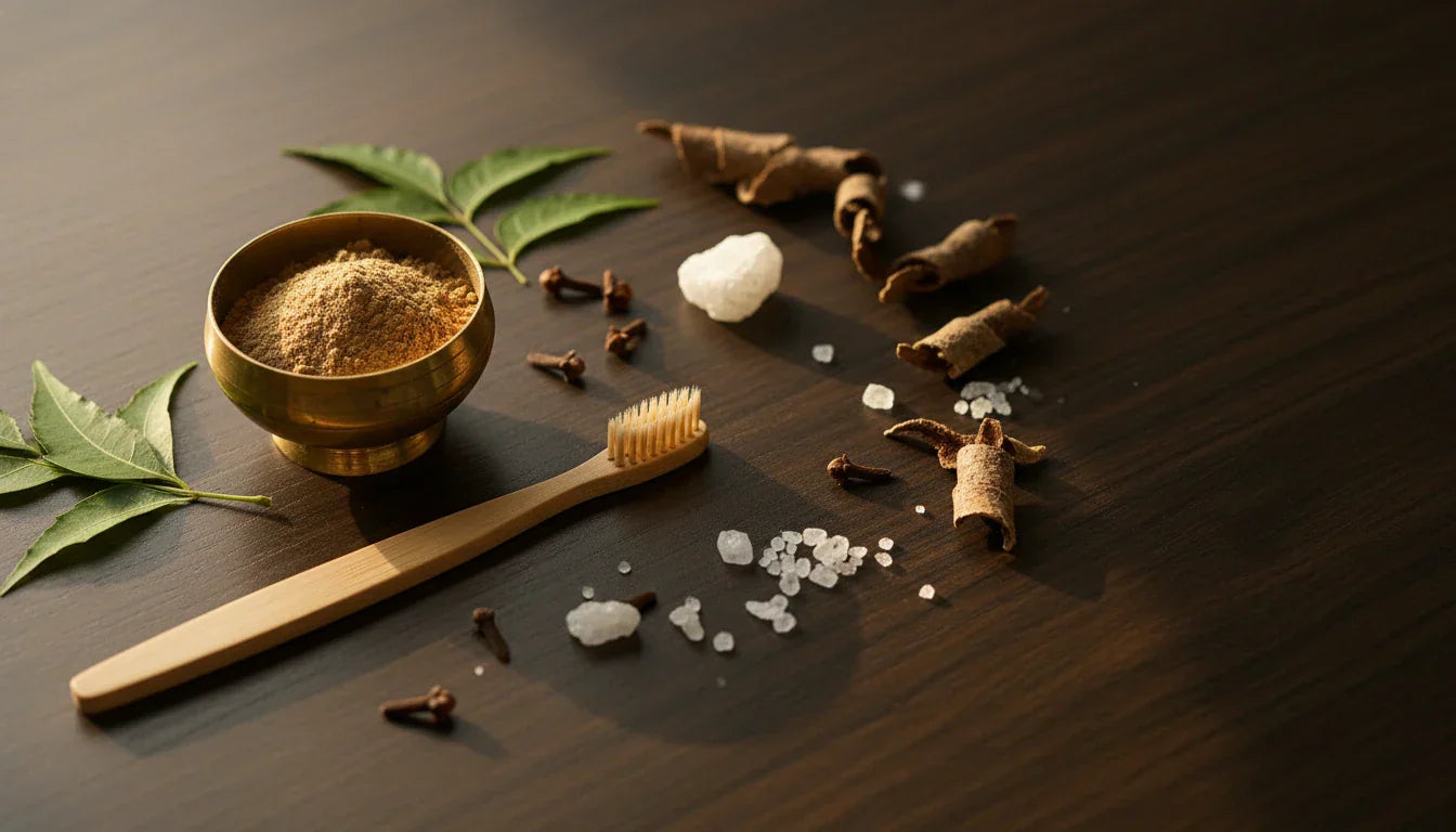 Ayurvedic dantmanjan tooth powder with neem cloves camphor and bamboo toothbrush
