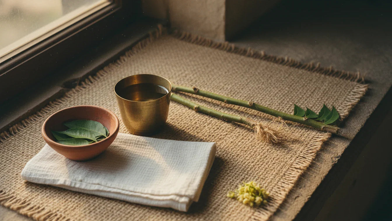 Fresh neem datun twigs for traditional Ayurvedic oral hygiene and dental care