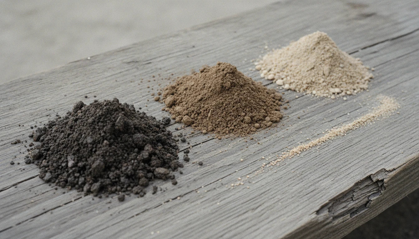 Three separate heaps of earth on a weathered grey plank - dark crumbly soil, mid-brown loam and pale fine sand