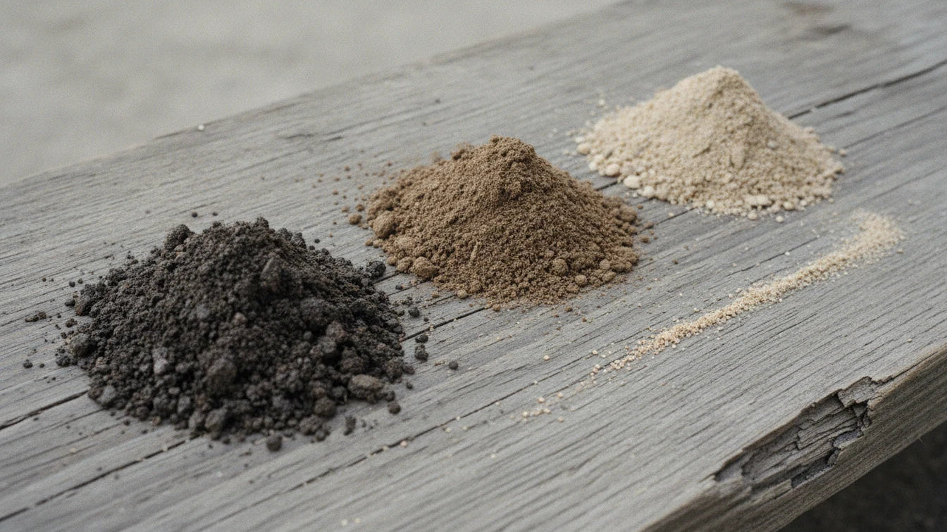 Three separate heaps of earth on a weathered grey plank - dark crumbly soil, mid-brown loam and pale fine sand
