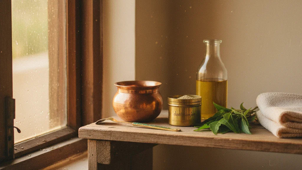 Ayurvedic Dinacharya morning routine essentials copper lota tongue scraper dantmanjan on wooden shelf