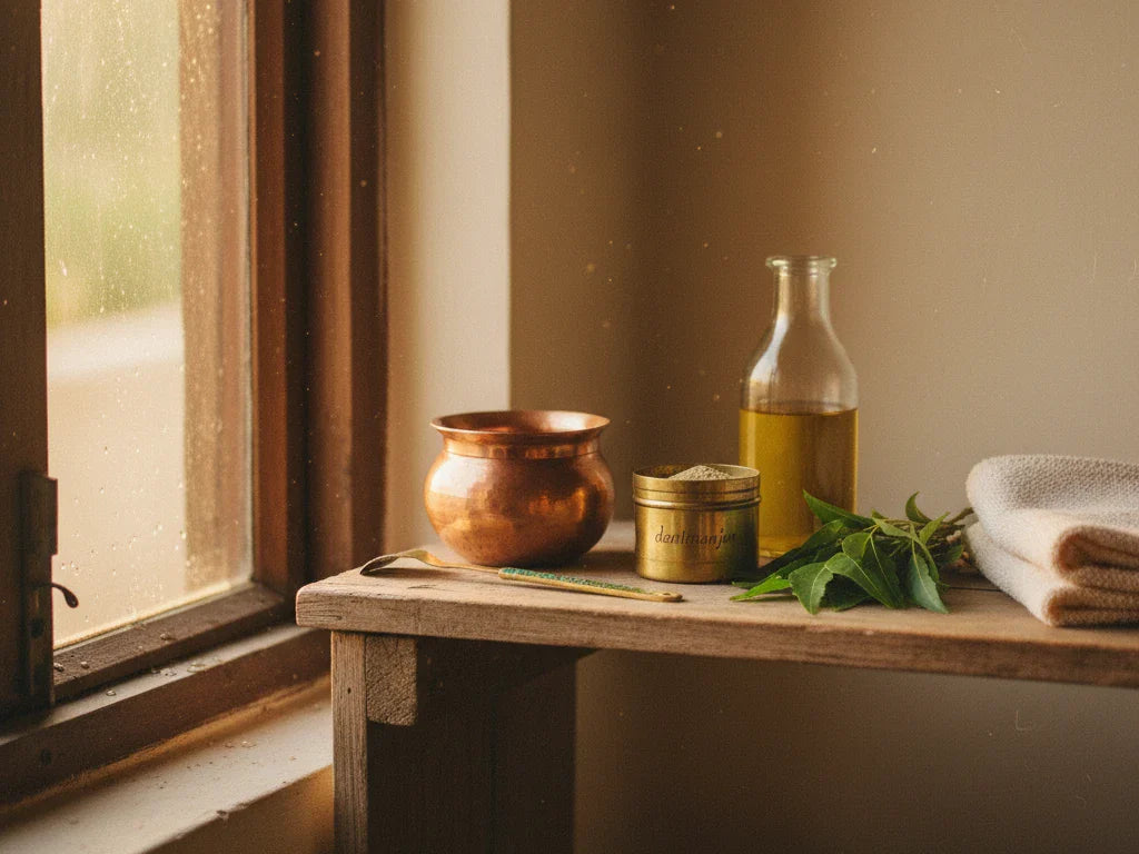 Ayurvedic Dinacharya morning routine essentials copper lota tongue scraper dantmanjan on wooden shelf