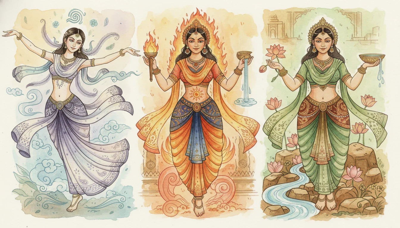 Three Ayurvedic doshas Vata Pitta Kapha body types illustration