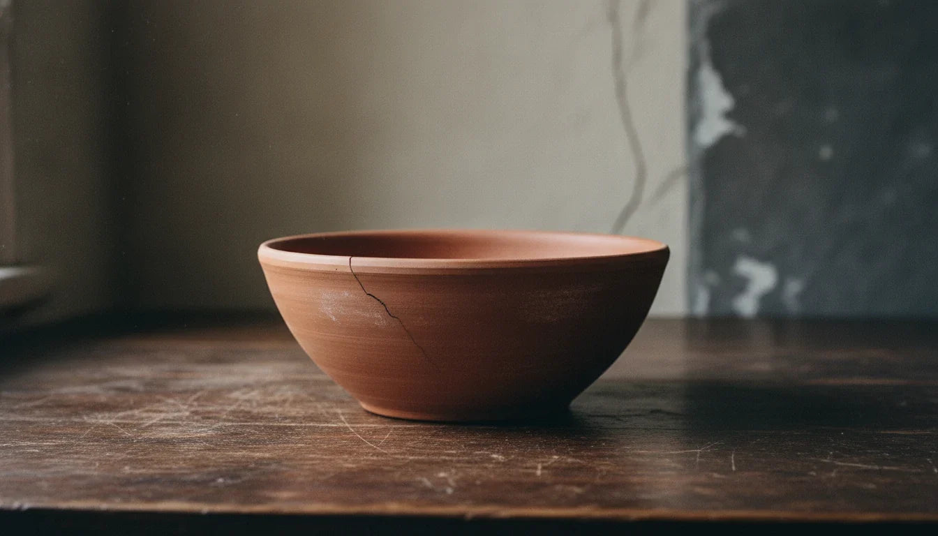 An empty terracotta bowl with one fine crack running down from its rim, on a scratched dark wooden table