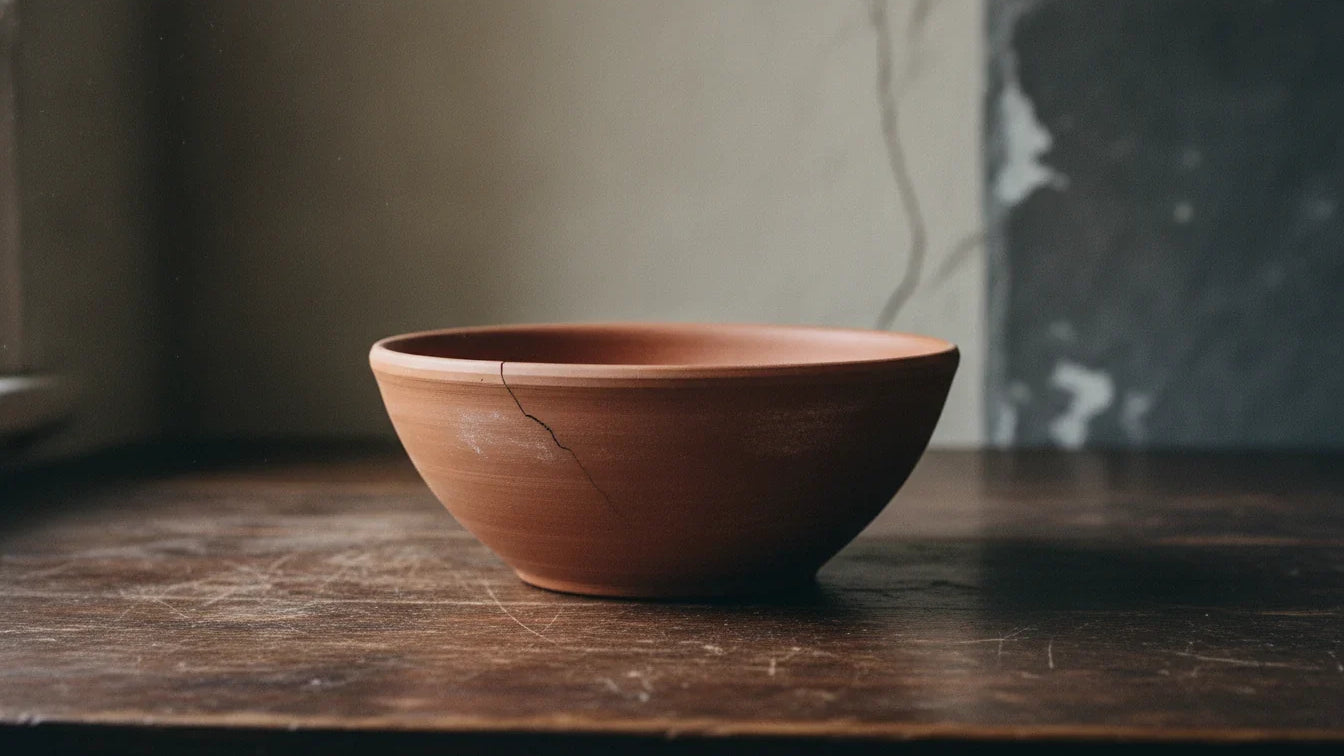 An empty terracotta bowl with one fine crack running down from its rim, on a scratched dark wooden table
