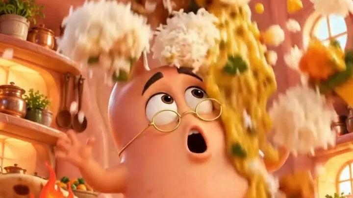 A cartoon stomach with round spectacles shouting as a whole lunch crashes down on it at once: eating too fast