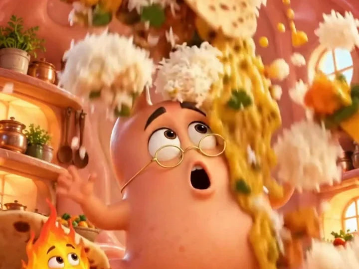 A cartoon stomach with round spectacles shouting as a whole lunch crashes down on it at once: eating too fast