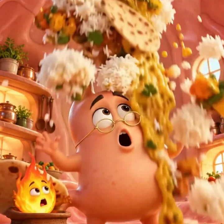 A cartoon stomach with round spectacles shouting as a whole lunch crashes down on it at once: eating too fast