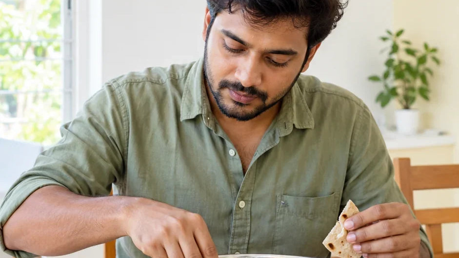 A man eating one large thali at midday: ekashana, one meal a day, in Charaka Samhita Sutrasthana 25.40