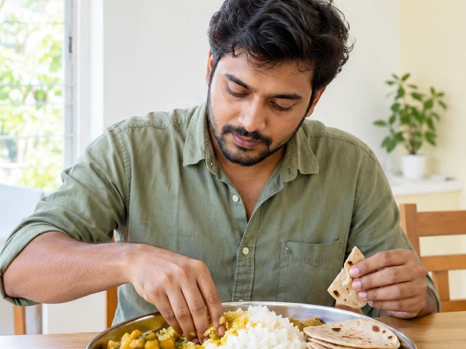A man eating one large thali at midday: ekashana, one meal a day, in Charaka Samhita Sutrasthana 25.40