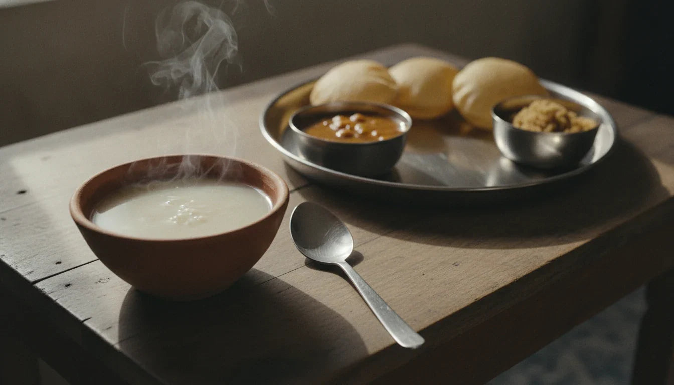A bowl of thin rice kanji in front, a puri-chhole thali waiting behind: the order after the Navratri fast