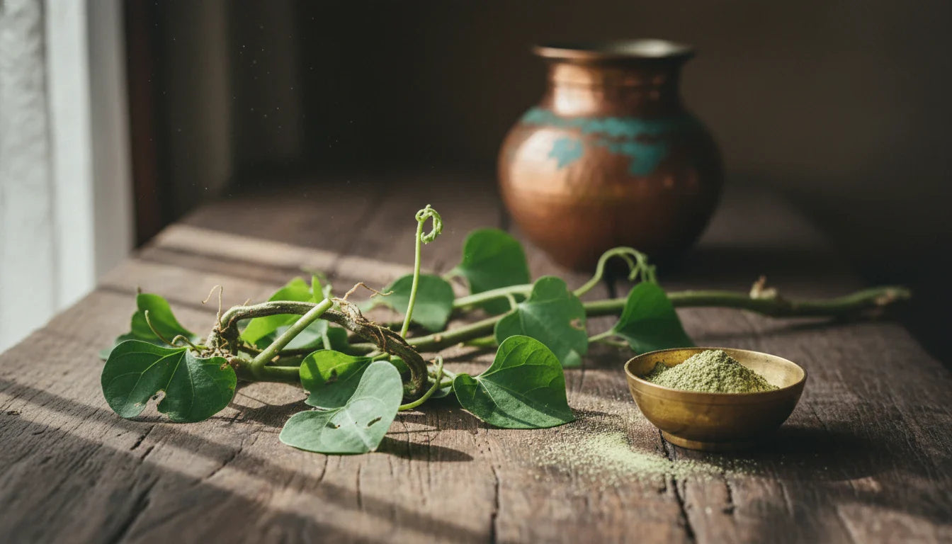Fresh giloy stems and heart-shaped leaves with dried guduchi powder on wooden surface