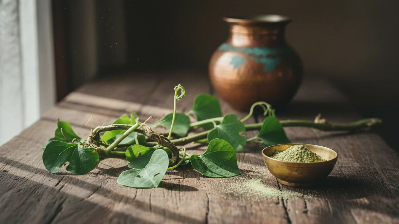 Fresh giloy stems and heart-shaped leaves with dried guduchi powder on wooden surface