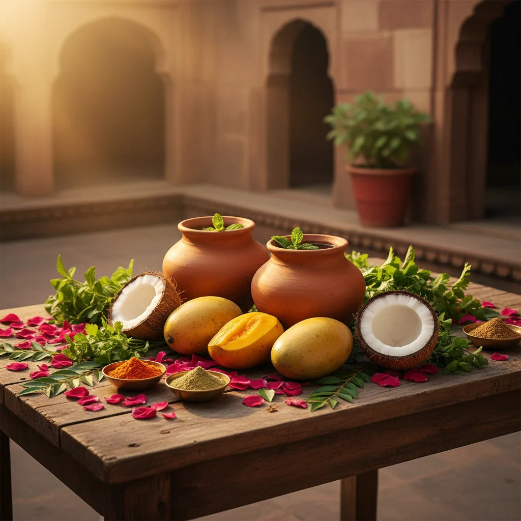 Ayurvedic summer routine Grishma Ritucharya with cooling herbs and spices on wooden table