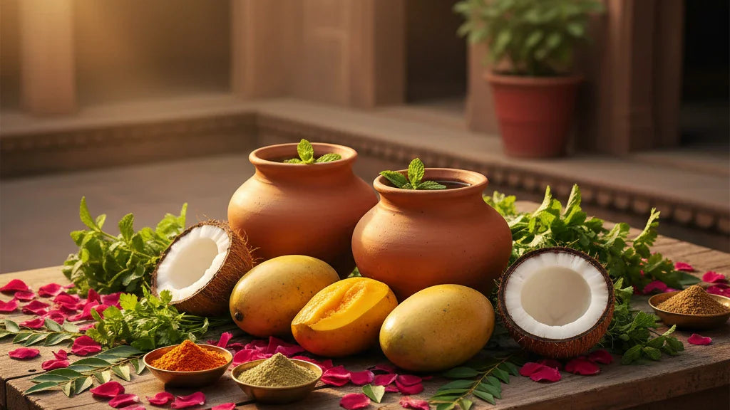 Ayurvedic summer routine Grishma Ritucharya with cooling herbs and spices on wooden table