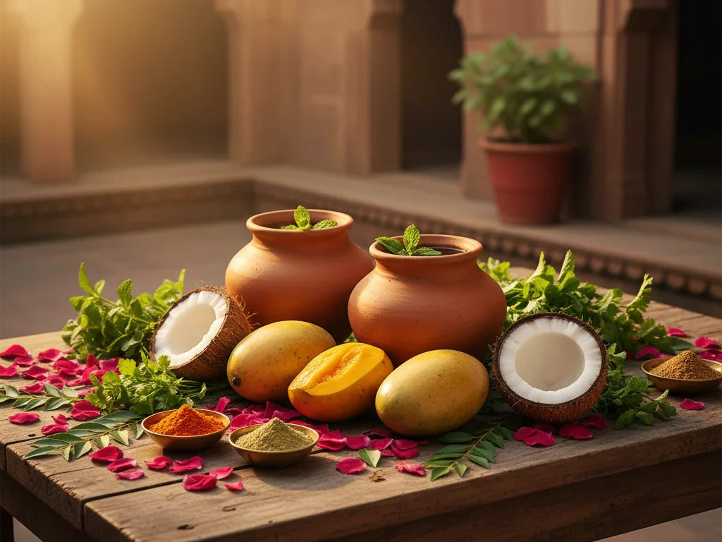 Ayurvedic summer routine Grishma Ritucharya with cooling herbs and spices on wooden table