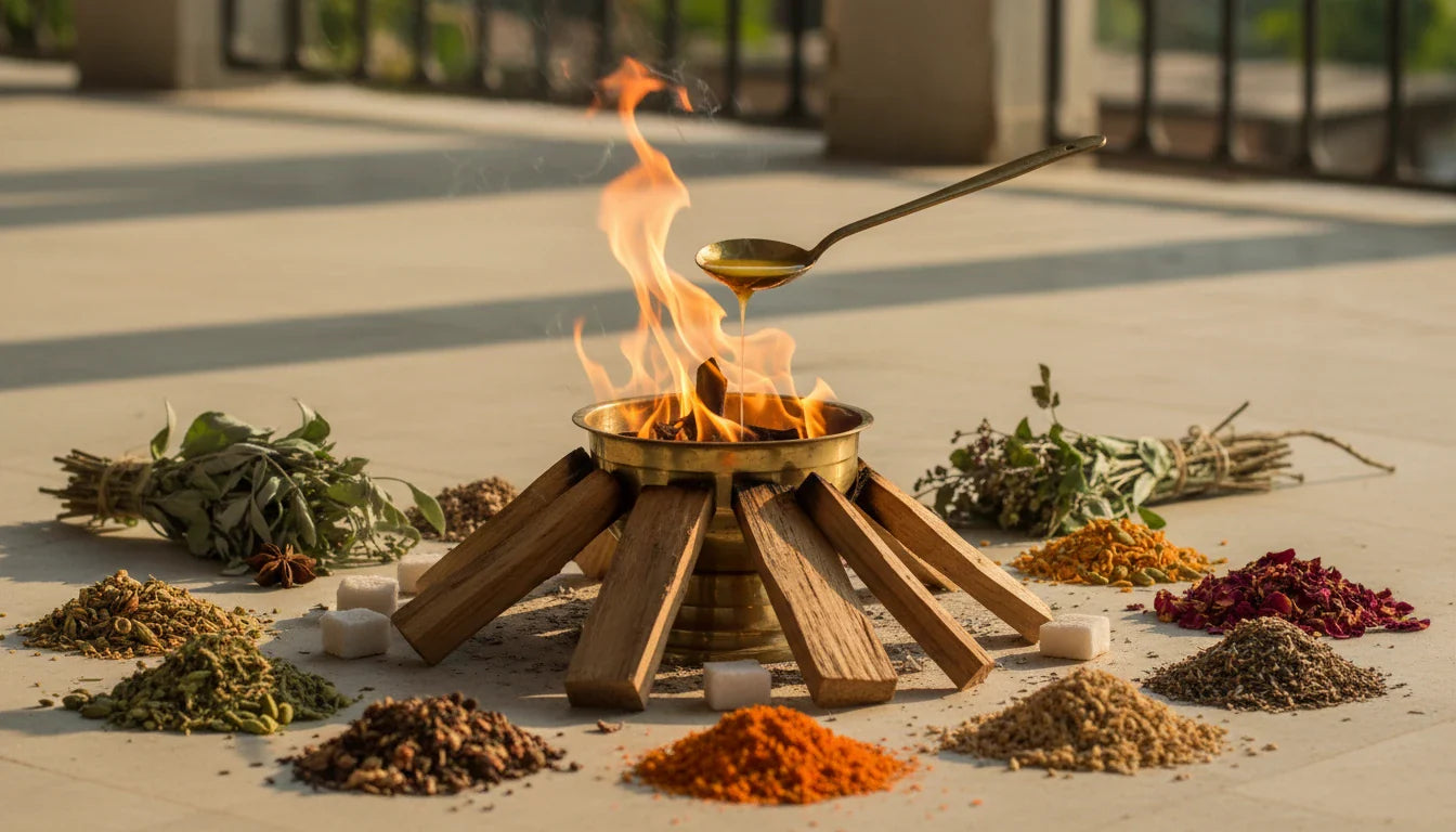Traditional havan fire ritual with brass kund ghee and sacred herbs