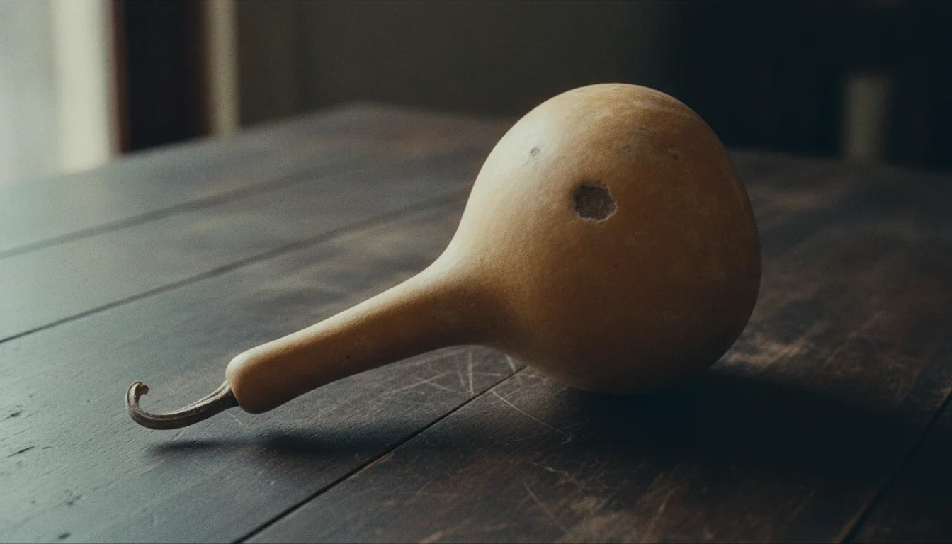 A whole dried bottle gourd with a long neck and one small dark mark, lying on a scratched dark wood table
