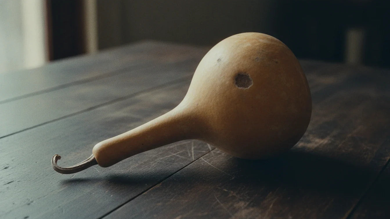 A whole dried bottle gourd with a long neck and one small dark mark, lying on a scratched dark wood table