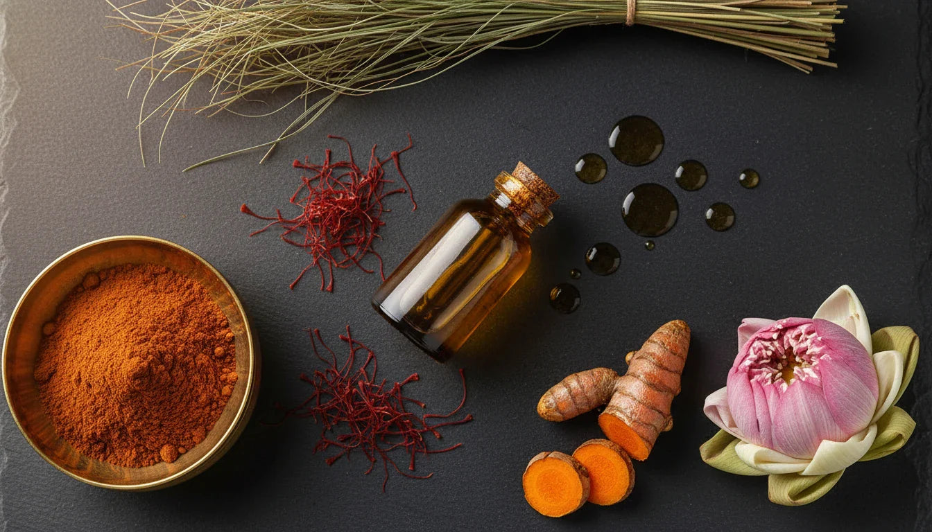 Kumkumadi Tailam golden oil with saffron and Ayurvedic herbs