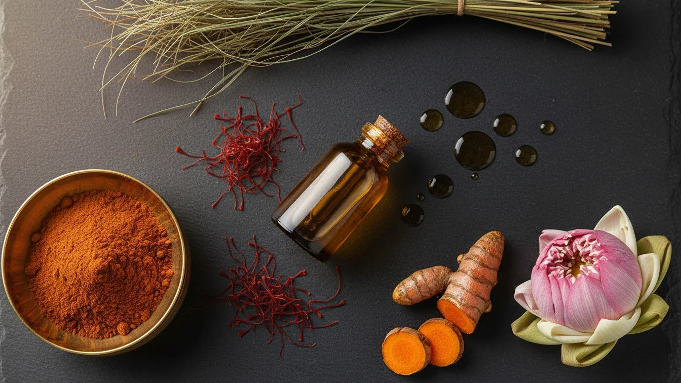 Kumkumadi Tailam golden oil with saffron and Ayurvedic herbs
