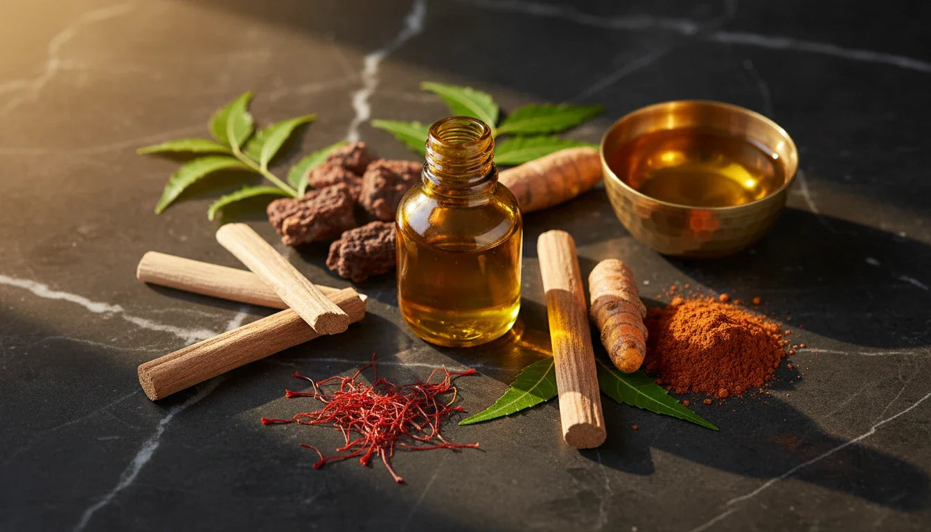 Kumkumadi Tailam ingredients saffron sandalwood manjishtha in golden oil bottle