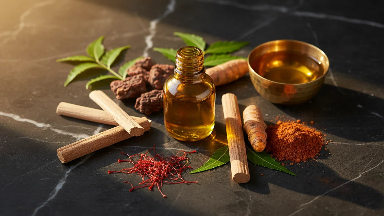 Kumkumadi Tailam ingredients saffron sandalwood manjishtha in golden oil bottle