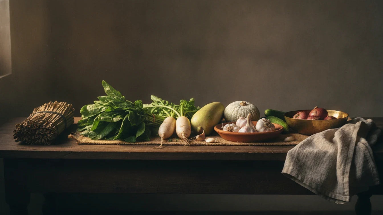 Lasuna, Palandu, Mulaka: Garlic, Onion and Radish in the Ashtanga Hridaya — Vagbhata's Vegetable Ledger, Part Two (Palak, Kusmanda, Sarson, Tulsi and the Garlic Rasayana Verse, Sutrasthana 6)