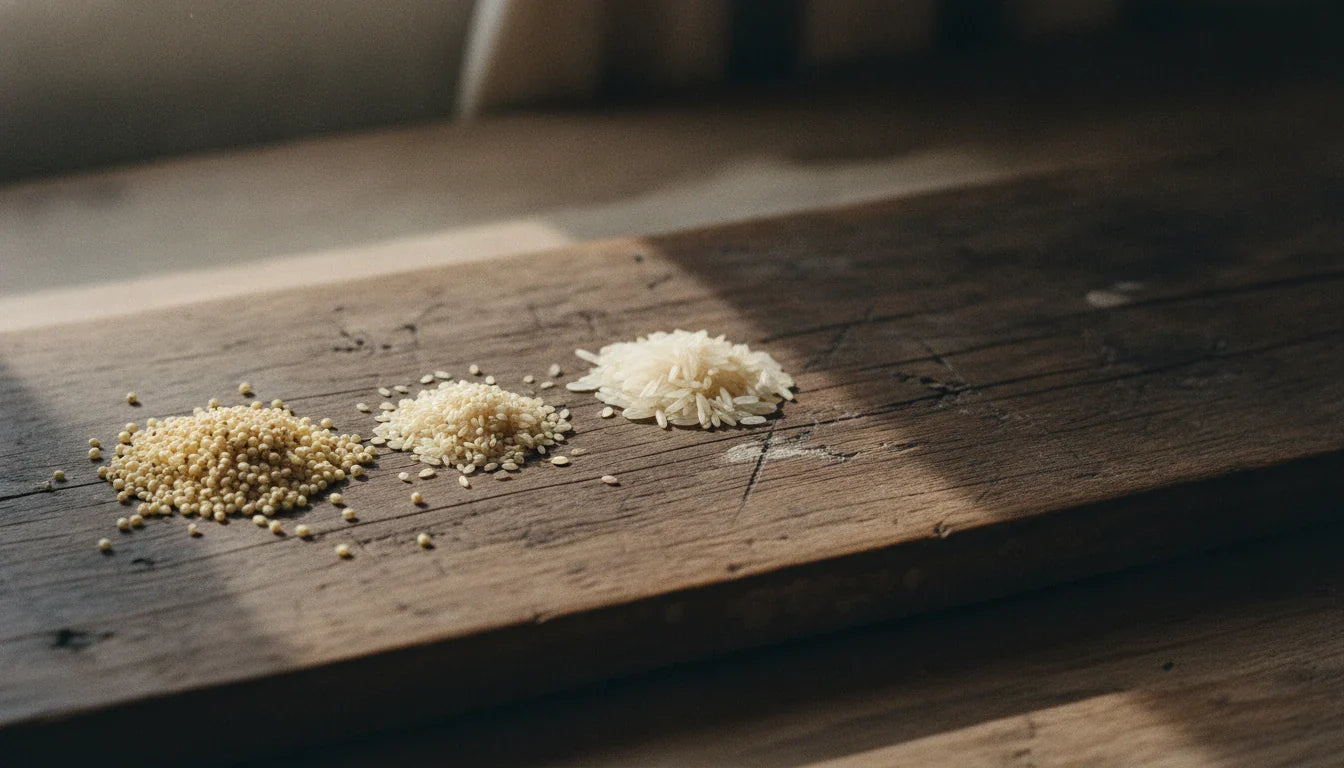 Three small heaps of dry grain on weathered wood, two millets and white rice, the dry staples of Sushruta Chikitsa Sthana 5