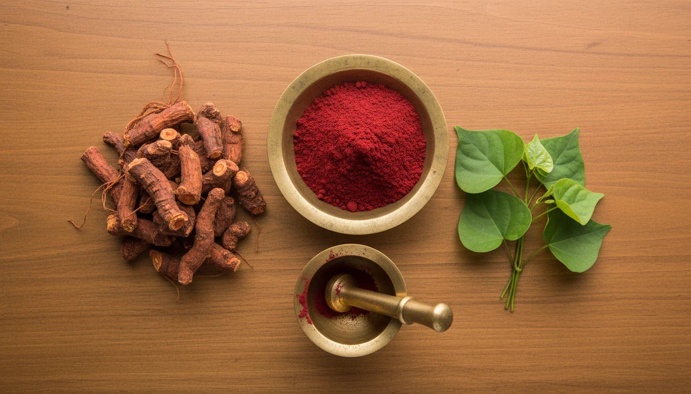 Manjistha root and powder for Ayurvedic skin care and blood purification