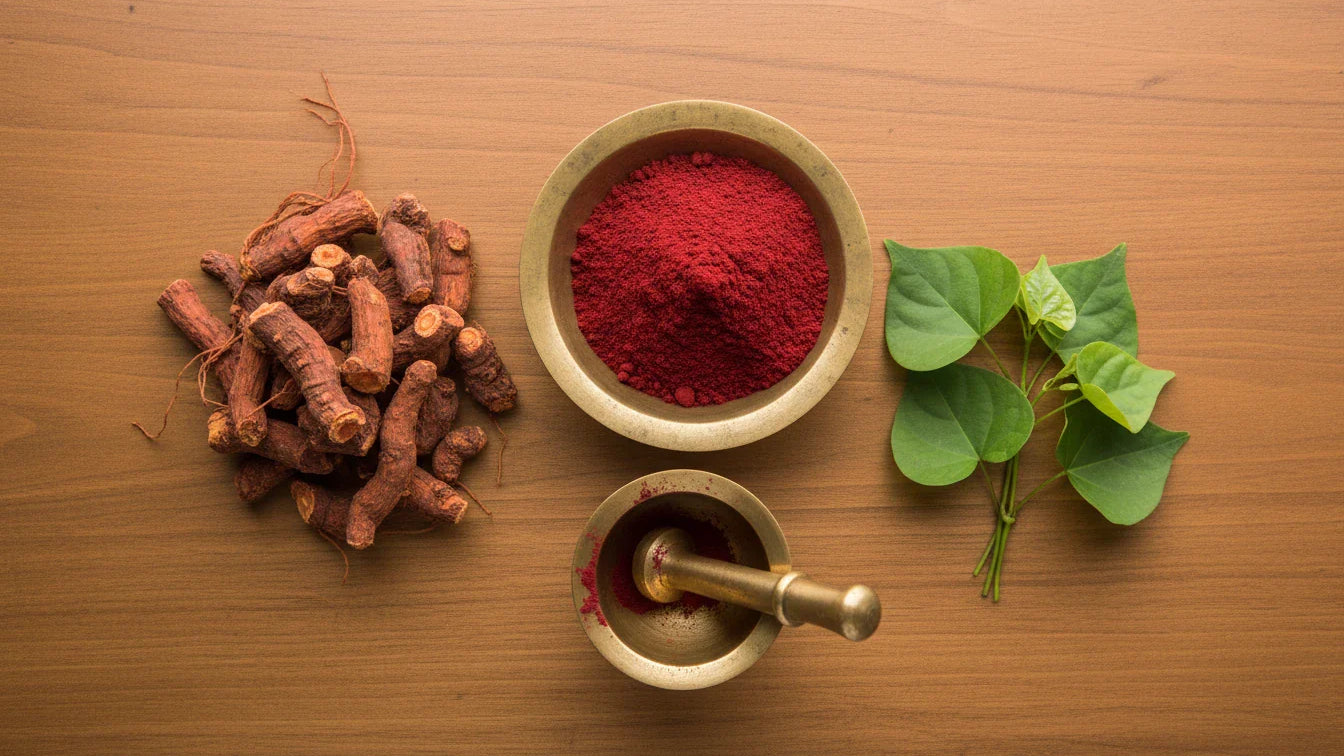 Manjistha root and powder for Ayurvedic skin care and blood purification