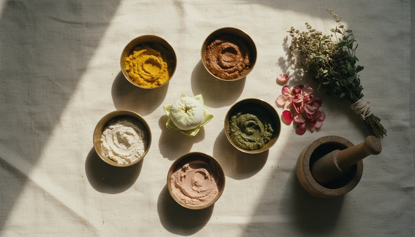 Six brass bowls of Ayurvedic seasonal face pack ingredients arranged on raw silk per Ashtanga Hridaya