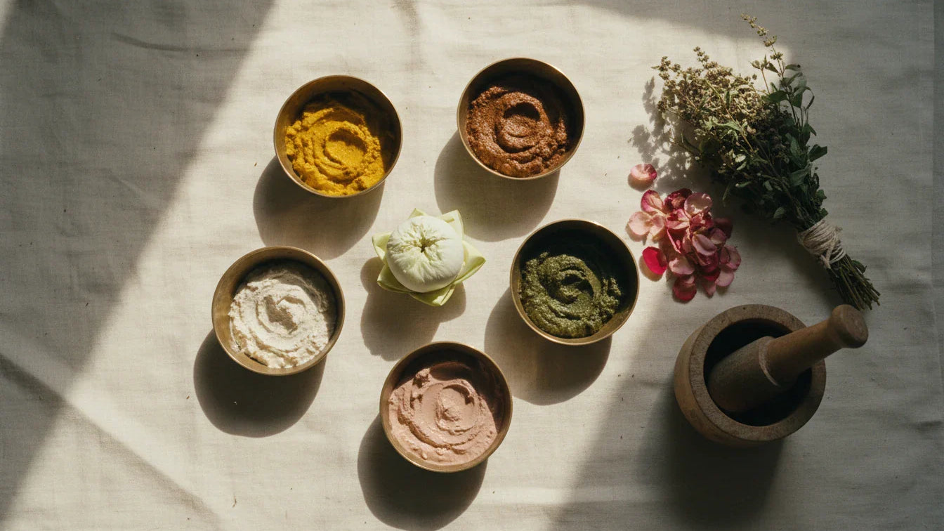 Six brass bowls of Ayurvedic seasonal face pack ingredients arranged on raw silk per Ashtanga Hridaya