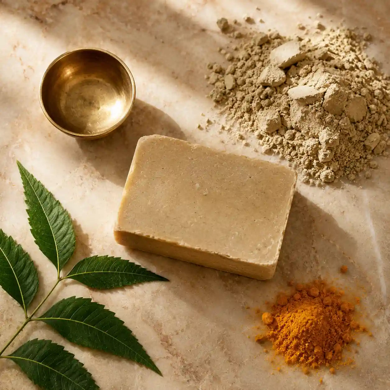 Multani Mitti (Fuller's Earth) clay soap bar for oily and acne-prone skin, with raw clay powder, neem leaves and turmeric — apothecary flatlay