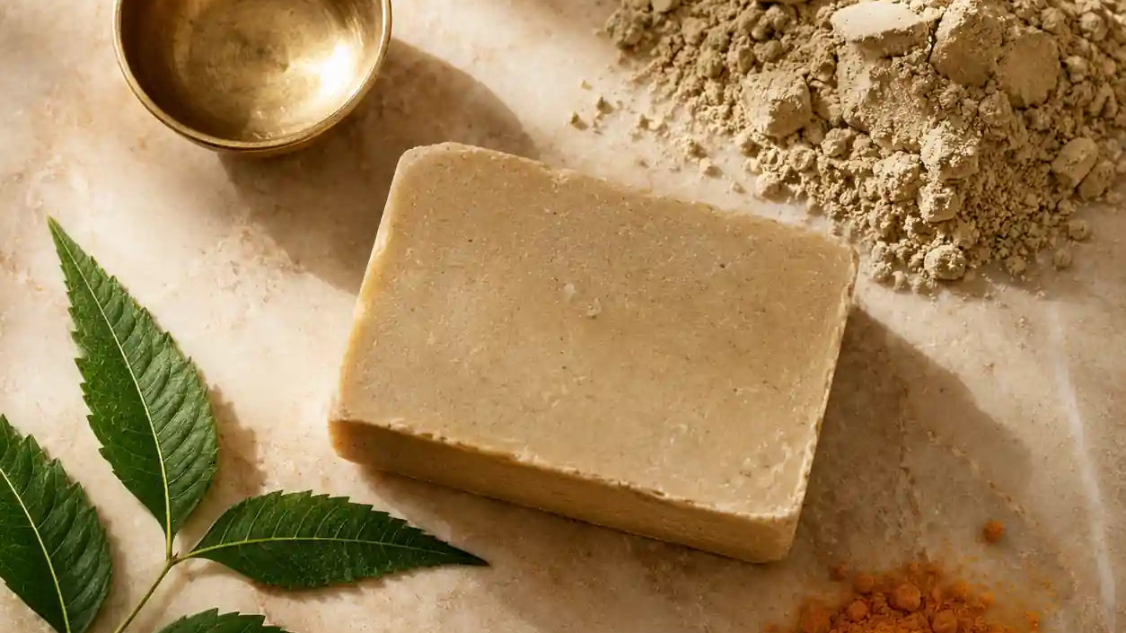Multani Mitti (Fuller's Earth) clay soap bar for oily and acne-prone skin, with raw clay powder, neem leaves and turmeric — apothecary flatlay