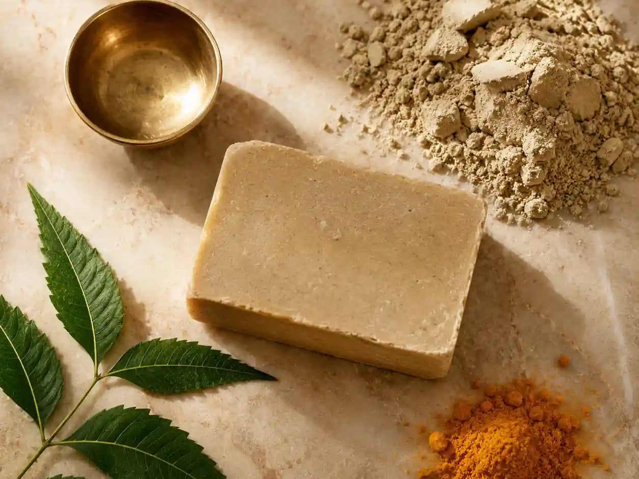 Multani Mitti (Fuller's Earth) clay soap bar for oily and acne-prone skin, with raw clay powder, neem leaves and turmeric — apothecary flatlay