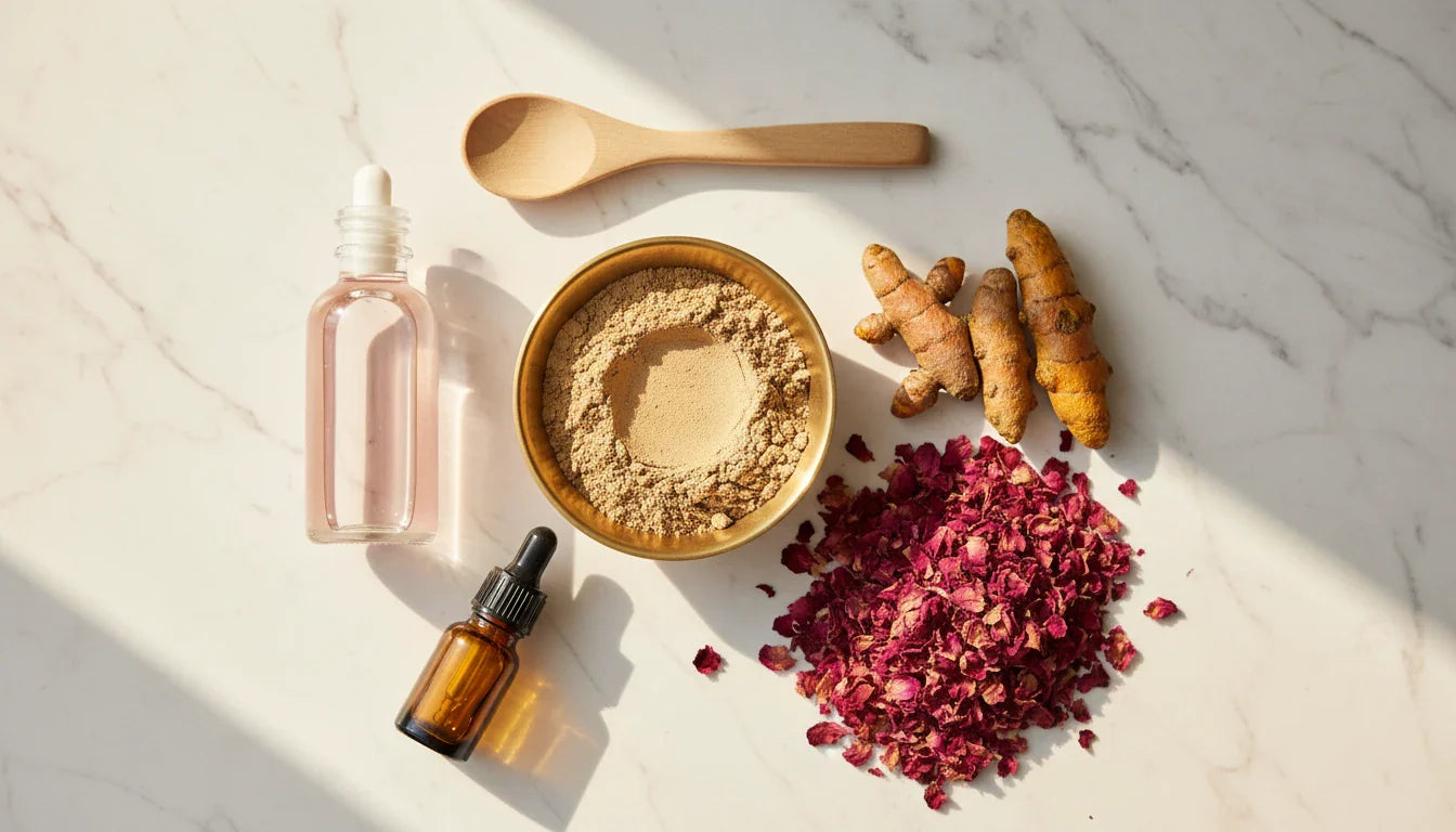 Multani Mitti for glowing skin - Ayurvedic remedies with turmeric, rose petals, and Kumkumadi Tailam