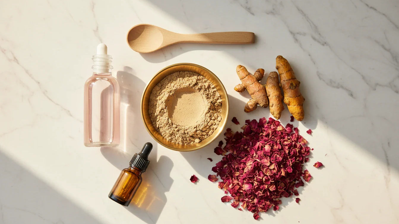 Multani Mitti for glowing skin - Ayurvedic remedies with turmeric, rose petals, and Kumkumadi Tailam