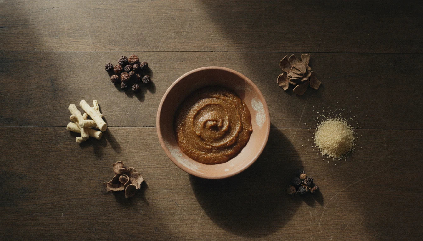 A dense dark-amber semi-solid paste resting in a plain unglazed bowl on dark wood, ringed by small heaps of dried roots and spices - the leha form of a classical pak