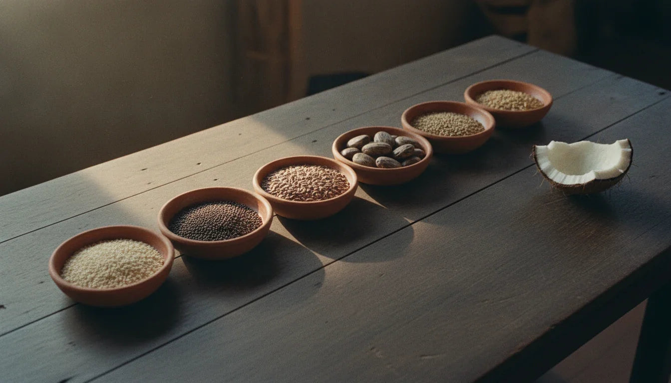 Five small dishes of oil seeds in a row on dark aged wood with one piece of dried coconut kernel resting apart - narikela is absent from Charaka's list of oils