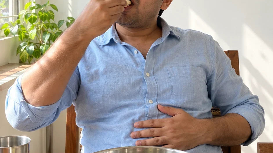 A man who is already full pressing his stomach while he forces down the last bite of roti over a wiped-clean thali
