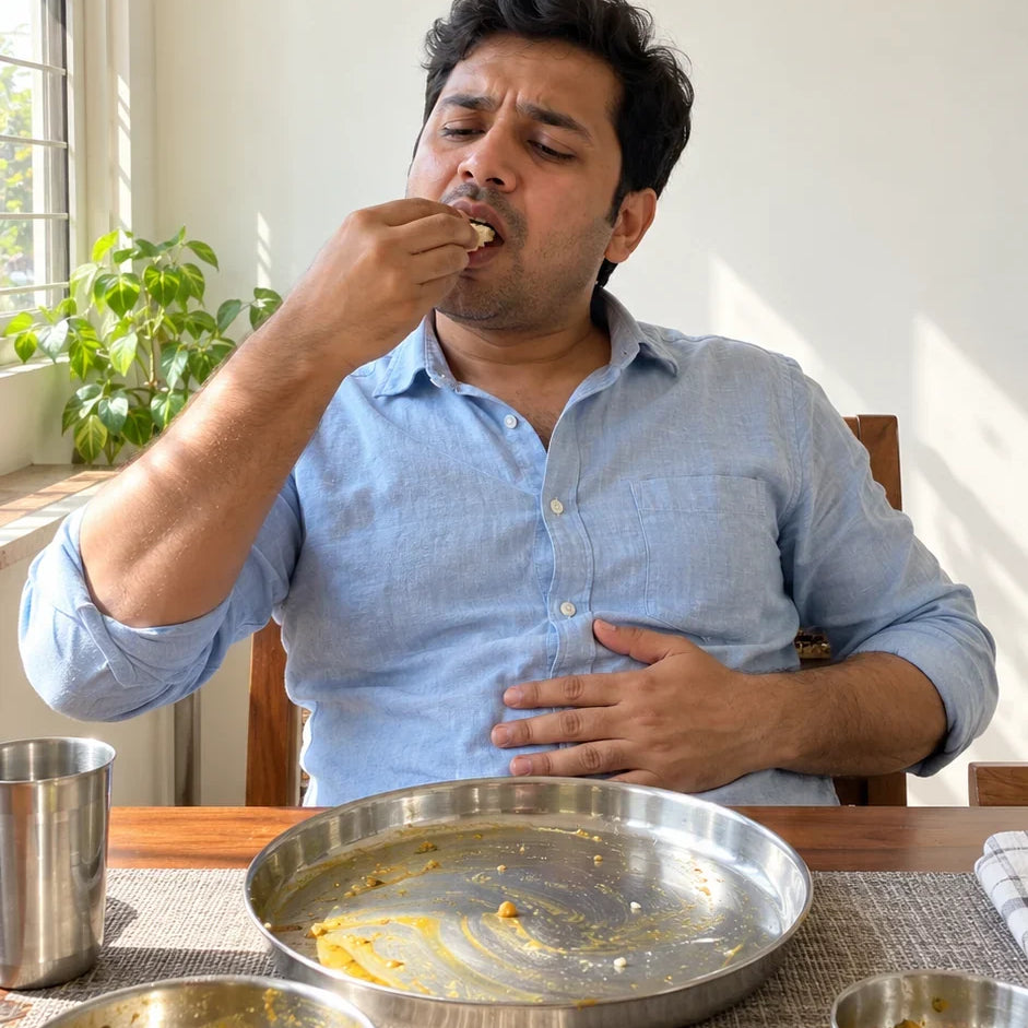 A man who is already full pressing his stomach while he forces down the last bite of roti over a wiped-clean thali