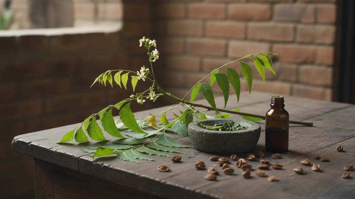 Fresh neem branch with leaves and flowers on rustic wooden table for Ayurvedic uses