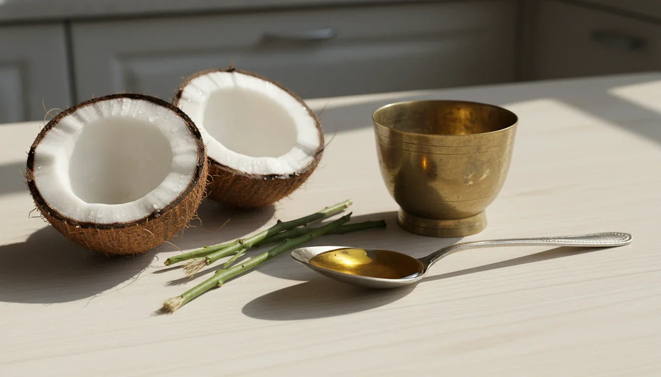 Oil pulling with coconut oil for Ayurvedic morning oral detox