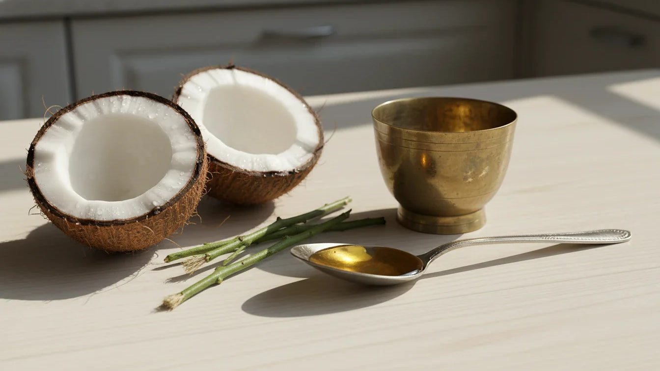 Oil pulling with coconut oil for Ayurvedic morning oral detox